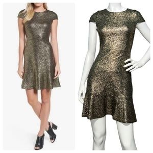 NWT MICHAEL MICHAEL KORS Metallic FOIL KNIT FLOUNCE DRESS~BLACK/GOLD XS